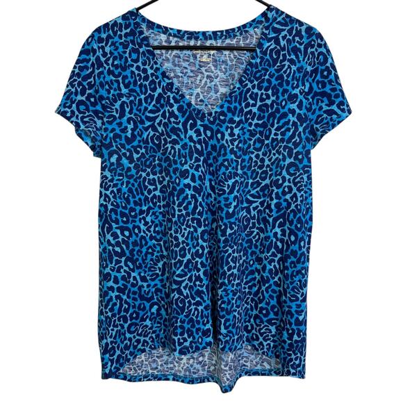 Lilly Pulitzer Etta V Neck Shirt Womens Medium Blue My Favorite Spot Leopard - Picture 1 of 11